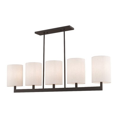 Elegant Bronze Drum 5-Light Linear Chandelier with Oatmeal Shade