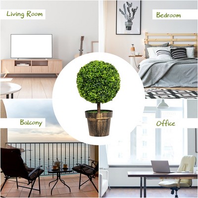22" Green Artificial Boxwood Topiary Trees in Bronze Cement Pots, Set of 2