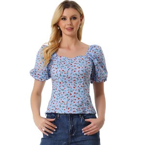 Allegra K Women's Puff Sleeve Square Neck Peasant Floral Blouse - 1 of 4