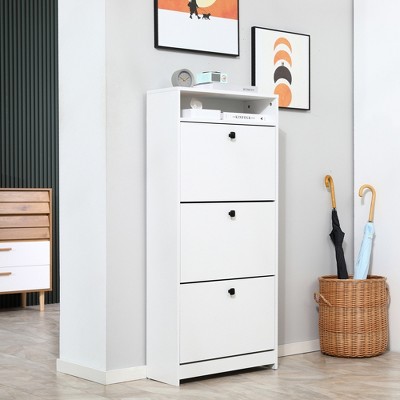 White Slim Wooden Shoe Cabinet with 3 Fold-Out Drawers