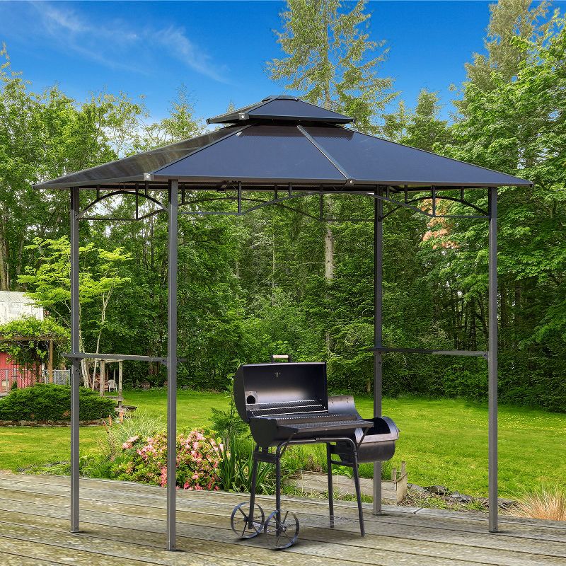 Outsunny 8' x 5' Barbecue Grill Gazebo Tent, Outdoor BBQ Canopy with Side Shelves, and Double Layer PC Roof, Brown, 3 of 7