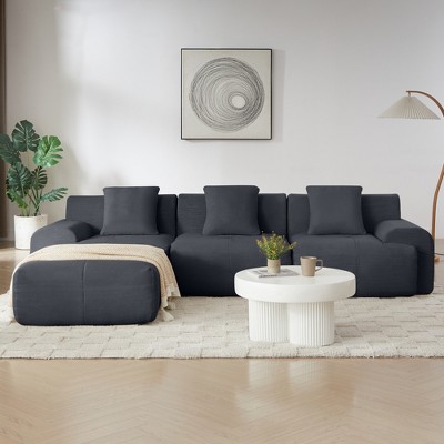 SKRAN 113" L Shaped Modular Sectional Sofa, Corduroy 3-Seater Boneless Couches with Movable Ottoman and Pillows, No Assembly Required for Living Room