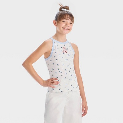 Girls' Cowboy Boots Floral High-Neck Graphic Tank Top - art class™ Blue/Off-White