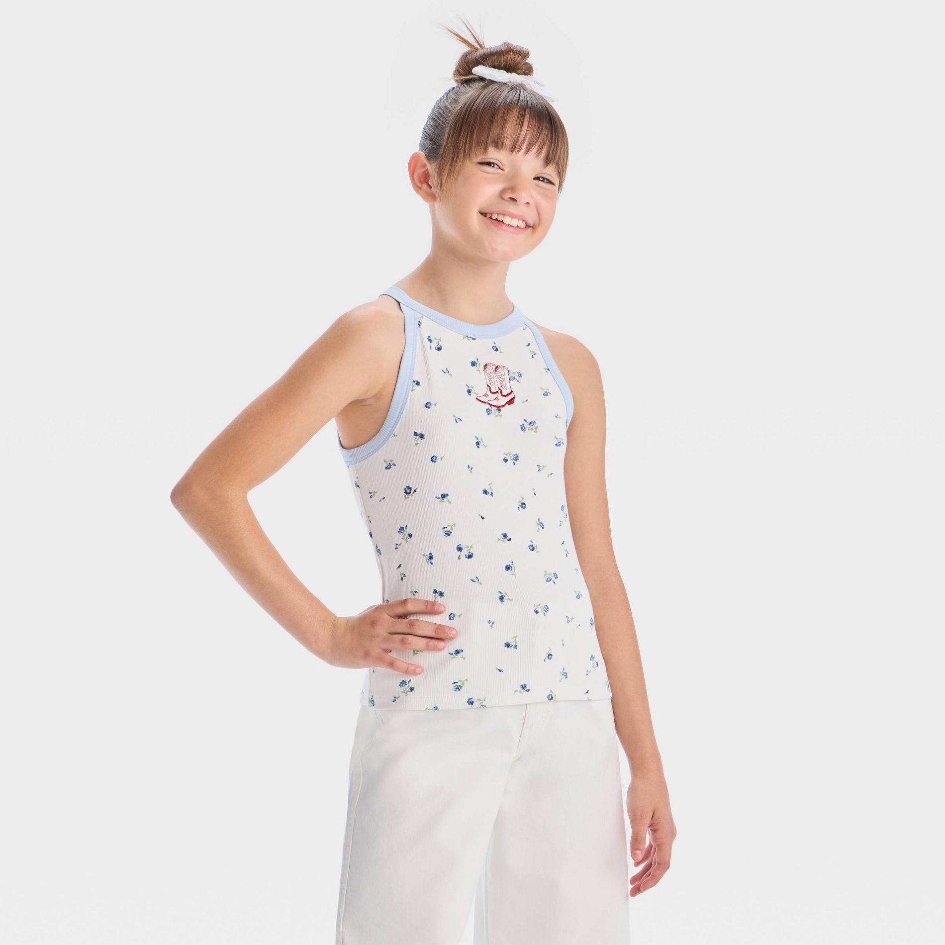 Girls' Cowboy Boots Floral High-Neck Graphic Tank Top - art class™ Blue/Off-White
