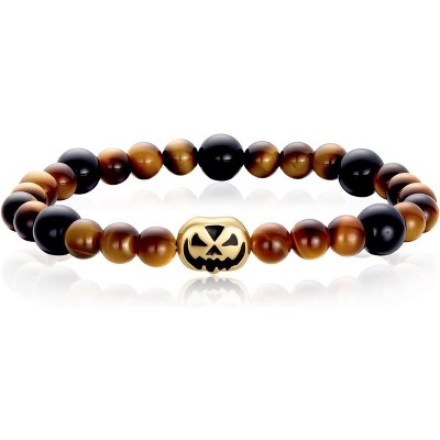 Halloween Gothic Stretch Bracelet with Pumpkin Skull Charms, 8MM Natural Gemstone Bead Bracelet Unisex