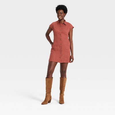 Женские платья Universal Thread Women's Short Sleeve Mini Shirt Dress - Universal Thread™ Rust M — фото 3