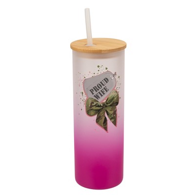 Elanze Designs 25 Ounce Frosted Glass Gradient Travel Tumbler With Straw and Wooden Lid, Proud Wife Military Bow Pink