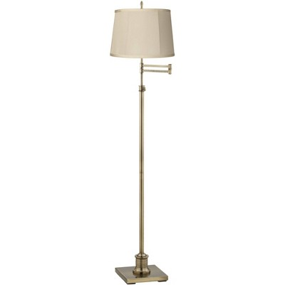 360 Lighting Swing Arm Floor Lamp Adjustable Height Antique Brass Beige Fabric Drum Shade for Living Room Reading Bedroom Office