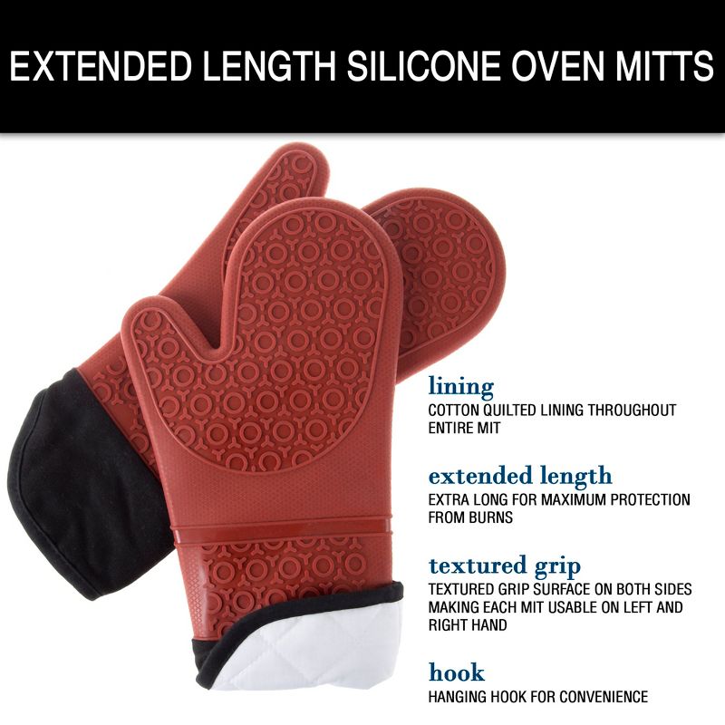 Silicone Oven Mitts  Extra Long Professional Quality Heat Resistant with Quilted Lining and 2-sided Textured Grip  1 pair Dark Red by Lavish Home, 5 of 7