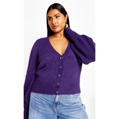 Women's Plus Size Fluffy Button Cardigan - royal purple | CITY CHIC