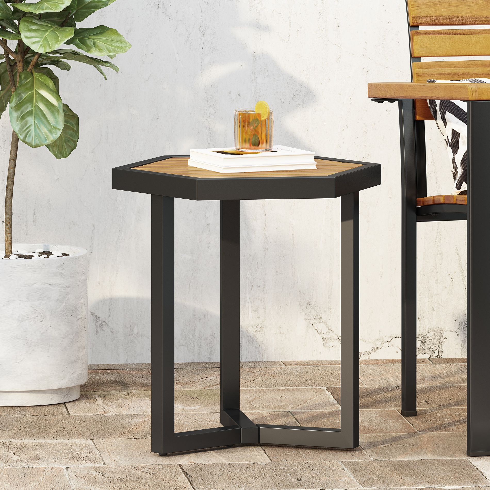 Outdoor Side Table with Wood Slat Top and Metal Frame, Patio Accent Table for Garden, Balcony, Porch and Deck, Beige