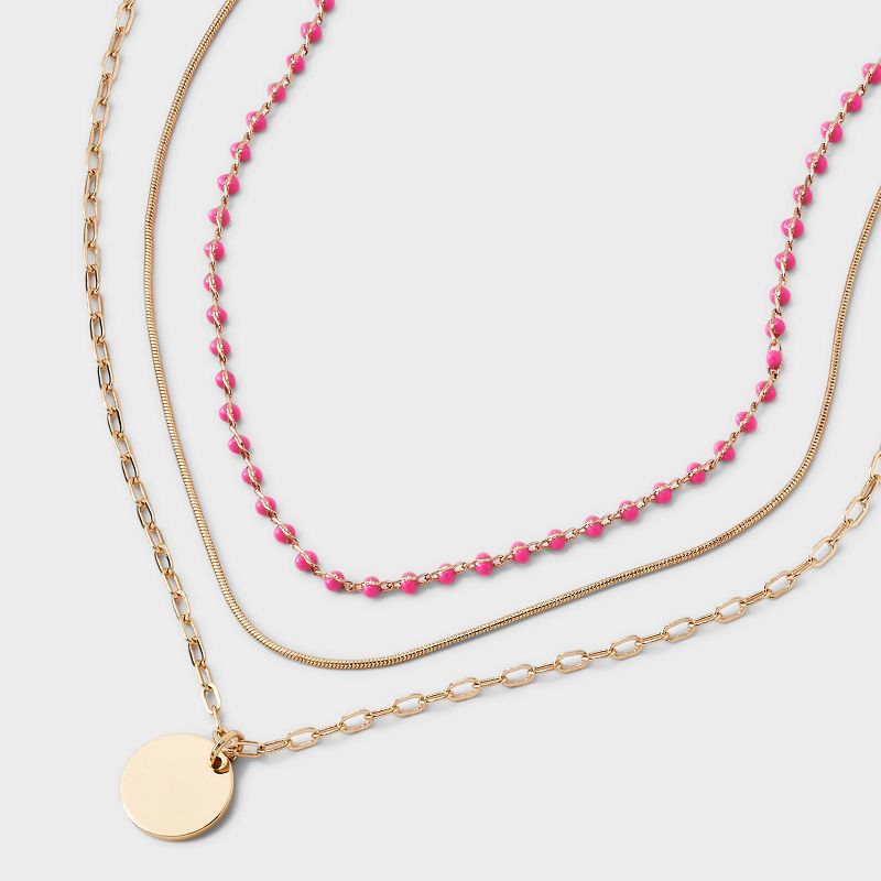 Layered Chain &#38; Bead Necklace - Universal Thread&#8482; Gold/Pink, 4 of 5