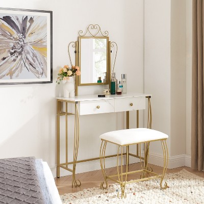 Okak 31.5" Vanity Desk with Mirror Makeup Vanity Set with Drawers and Chair Mini Space Saving Dressing Table for Bedroom