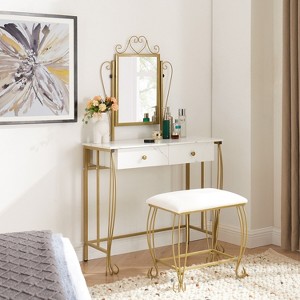 Okak 31.5" Vanity Desk with Mirror Makeup Vanity Set with Drawers and Chair Mini Space Saving Dressing Table for Bedroom - 1 of 4