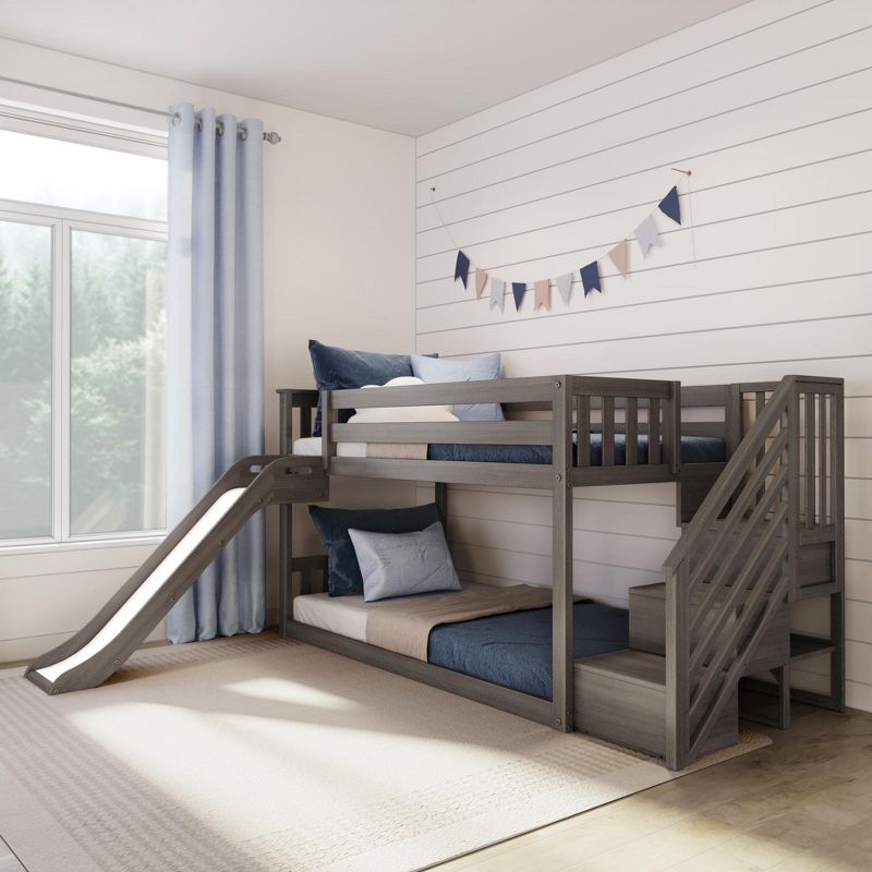 Max & Lily Twin Over Twin Low Bunk Bed with Slide and Stairs, Solid Wood Kids Platform Bed with 14” Guardrails, 2 of 8