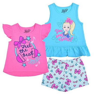 Nickelodeon Girl's 3-Pack JoJo Siwa Feel The Beat Flutter Sleeve Shirt, Peplum Tank Top and Casual Shorts Set for Toddler
