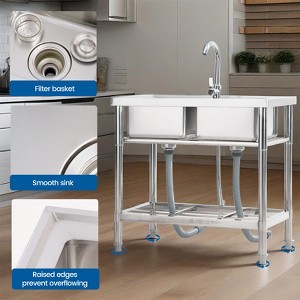Stainless Steel Utility Sink, Free Standing Single Bowl Commercial Sink with Faucet, Hot/Cold Water Pipes, Storage Shelf & Drain Kit for Kitchen - 1 of 4