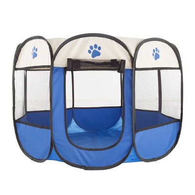 Blue Metal Mesh Pop-Up Pet Playpen with Carrying Case
