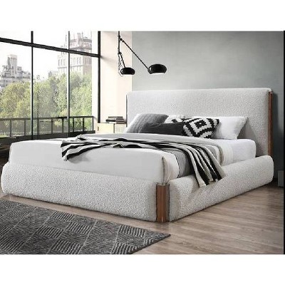 Sandro King White Boucle Upholstered Bed with Walnut Frame