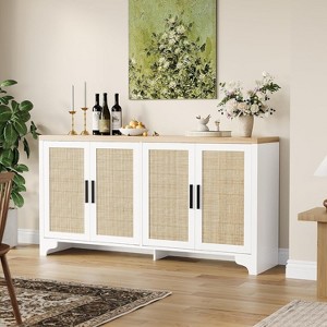 Rattan Buffet Sideboard Cabinet, 4-Door Storage Cabinet with Shelves, Wooden Console Table with Storage, Modern Farmhouse Accent Cabinet - 1 of 4