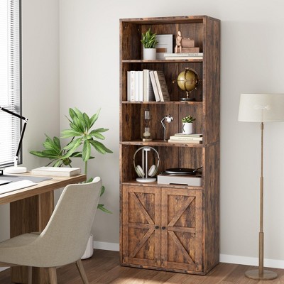 71.4 Inch Tall Industrial Bookcase, Freestanding Bookcase with Doors, Farmhouse Bookshelf