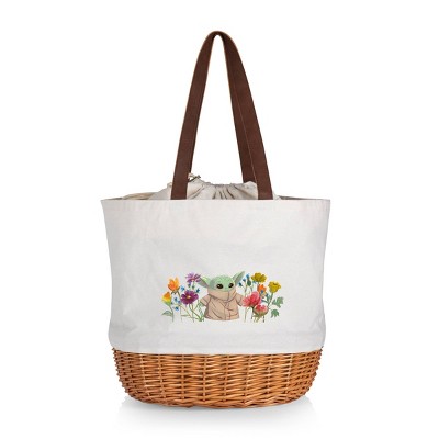 Picnic Time Mandalorian The Child with Flowers Coronado Canvas and Willow Basket Tote with Beige Canvas