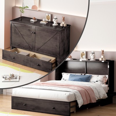 Mjkone Queen Size Murphy Bed With Large Storage Drawer, Cabinet Bed With Folding Mattress, Murphy Cube Chest Bed With Usb Charging Station