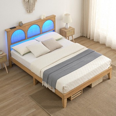 Whizmax Two Size Bed Frame with Natural Rattan Headboard and LED Lights, Mattress Foundation, Noise-Free, No Box Spring Needed, Easy Assembly, Oak
