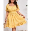 Plus Size Dress Women's Plus Size Floral Square Neck Dress Short Puff Sleeve Ruffle Hem Knee Length Mini Dresses - 2 of 4