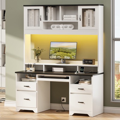 Bestier Executive Hutch Desk with Drawers & Charge Station, 78" H Office Desk LED Modern Wood Computer Desk with Cabinet & Keyboard Tray, White