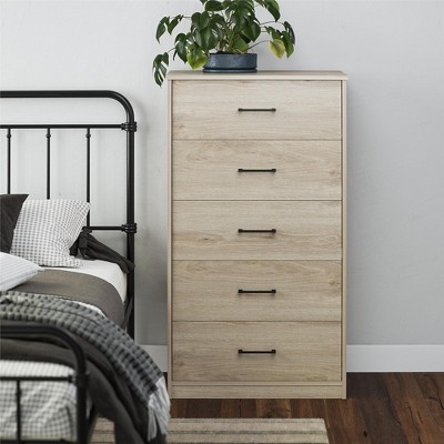 Blonde Oak Tall 5-Drawer Dresser with Metal Handles