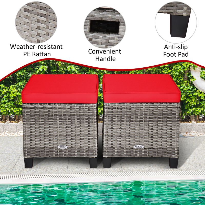 Tangkula Set of 2 Outdoor Rattan Cushioned Ottoman Seat All Weather Patio Footrest Red/Turquoise, 4 of 7
