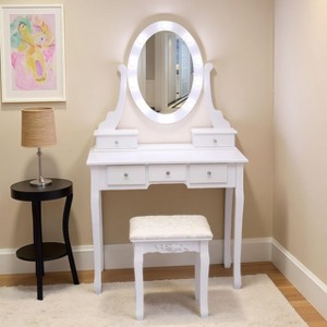 Girls Makeup Vanity Desk, Modern Vanity Makeup Table with Rotatable Mirror, 5 Drawers, Dressing Table Set for Bedroom, White - 1 of 4