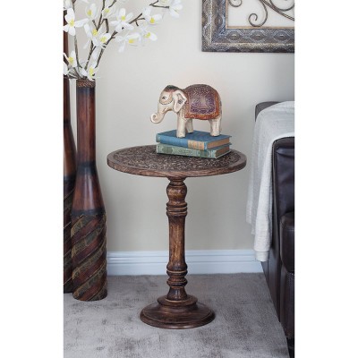 Majestic Floral Carved Dark Brown Mango Wood Round Accent Table