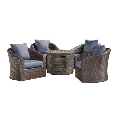 Christopher Knight Home Zinnia Outdoor Wicker 5 Piece Swivel Club Chair and Fire Pit Set with Cushions, Mixed Brown/Navy Blue