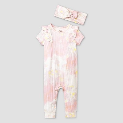 Image of Baby Girls' Tie-Dye Rib Romper with Headband - Cat & Jack™ Pink Newborn