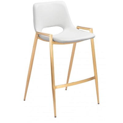 Faux Leather Counter Stool 35.6" H White With Gold Electroplated Steel Frame and Armrests by Zuo Modern (Set of 2)
