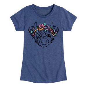 Girls' - Instant Message - Highland Cow Flower Crown Fitted Short Sleeve Graphic T-Shirt - 1 of 4