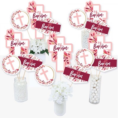 Big Dot of Happiness Baptism Pink Elegant Cross - Girl Religious Party Centerpiece Sticks - Table Toppers - Set of 15