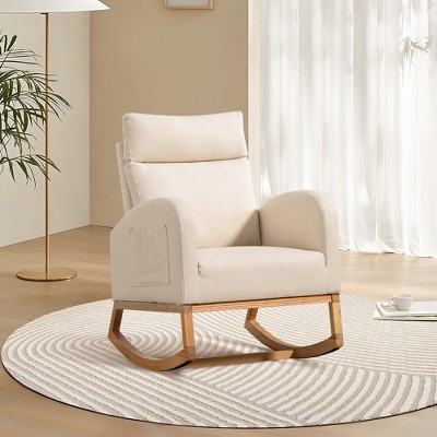 Image of Rocking Chair Nursery, Glider Rocking Chair with Solid Wood Legs, High Backrest Rocking Accent Chair, Modern Leisure Single Sofa with Side Pockets