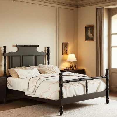 Merax Vintage Country Style Pine Wood Four Poster Platform Bed with Carved Headboard
