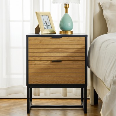 2 Tier Modern Nightstand, Wooden Bedside Table with Metal Leg, Night Stand Storage Cabinet