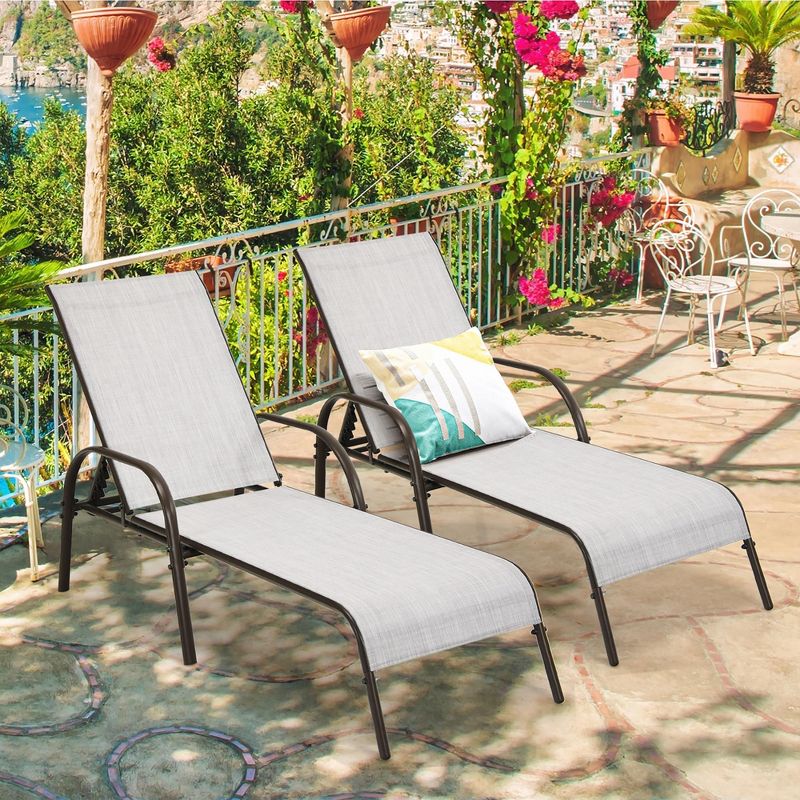 Costway 2PCS Patio Lounge Chair Chaise Adjustable Reclining Armrest Gray, 1 of 11