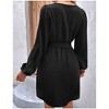 Women's V Neck Casual Cocktail Dress Front Button Long Sleeve Casual Party Midi Dress with Belt - 4 of 4