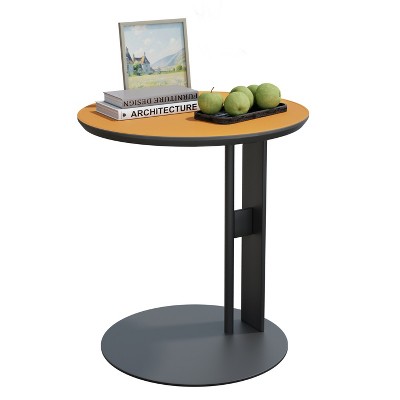 C Shape Round Side Table with Microfiber Saddle Leather Top, Couch Side End Table