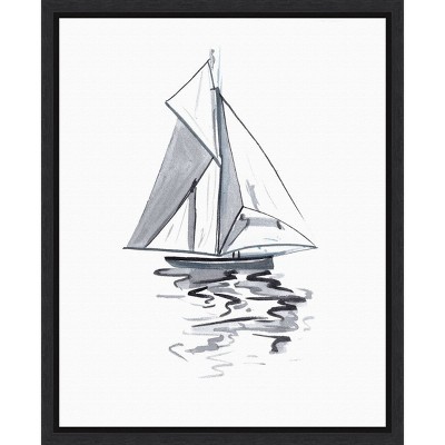 Blue Boat I Black and White Canvas Wall Art with Black Frame