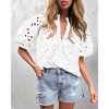 Women's Summer Tops Dressy Casual Short Lantern Sleeve V Neck Buttons Hollow Out Lace Embroidered Blouses Shirts - 3 of 4