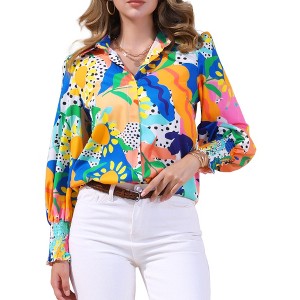 INSPIRE CHIC Women's Casual V Neck Floral Roll Up Long Sleeve Chiffon Button Down Fashion Blouses - 1 of 4