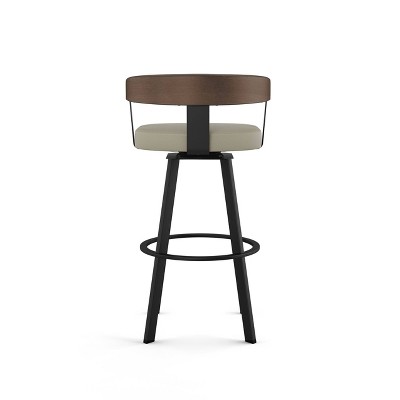 Greige Faux Leather Swivel Barstool with Black Metal and Brown Wood