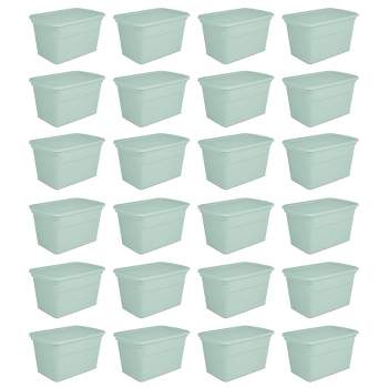 Sterilite 30 Gallon Latch Tote with In Molded Handles, Robust Latches, and Contoured End Panels for Home Storage Bins, Mindful Mint (24 Pack)
